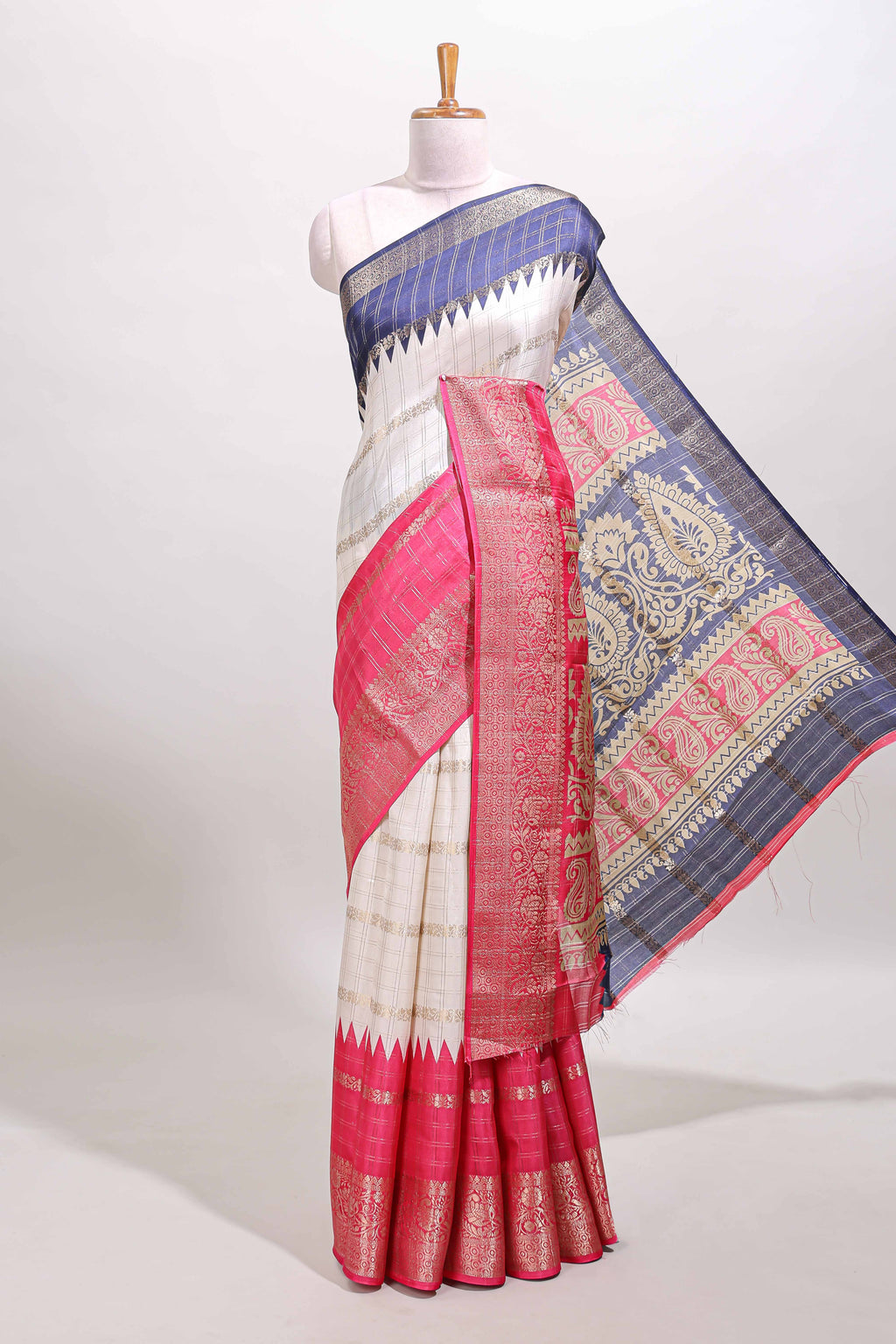 blue and pink color dola silk checks saree