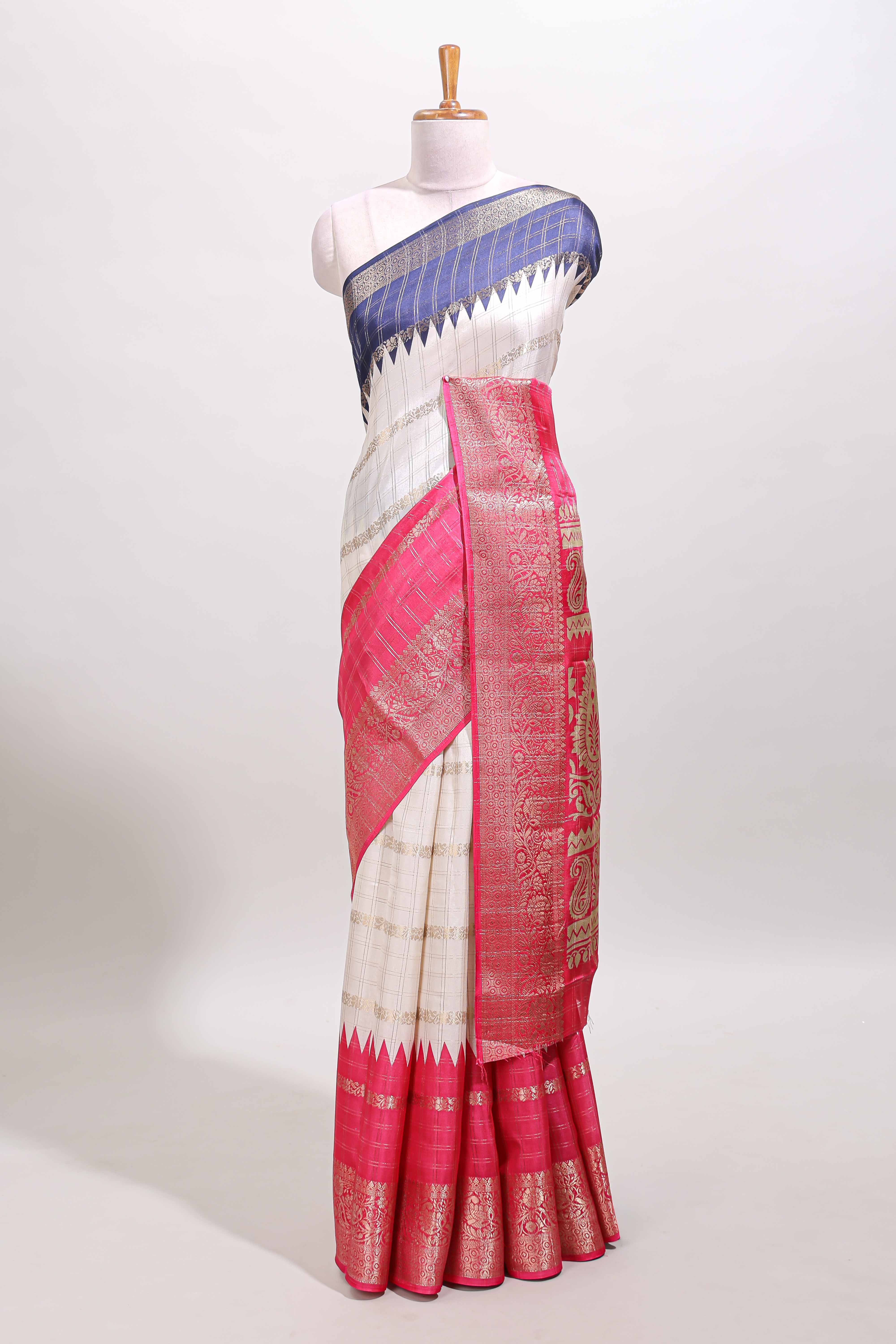 blue and pink color dola silk woven saree