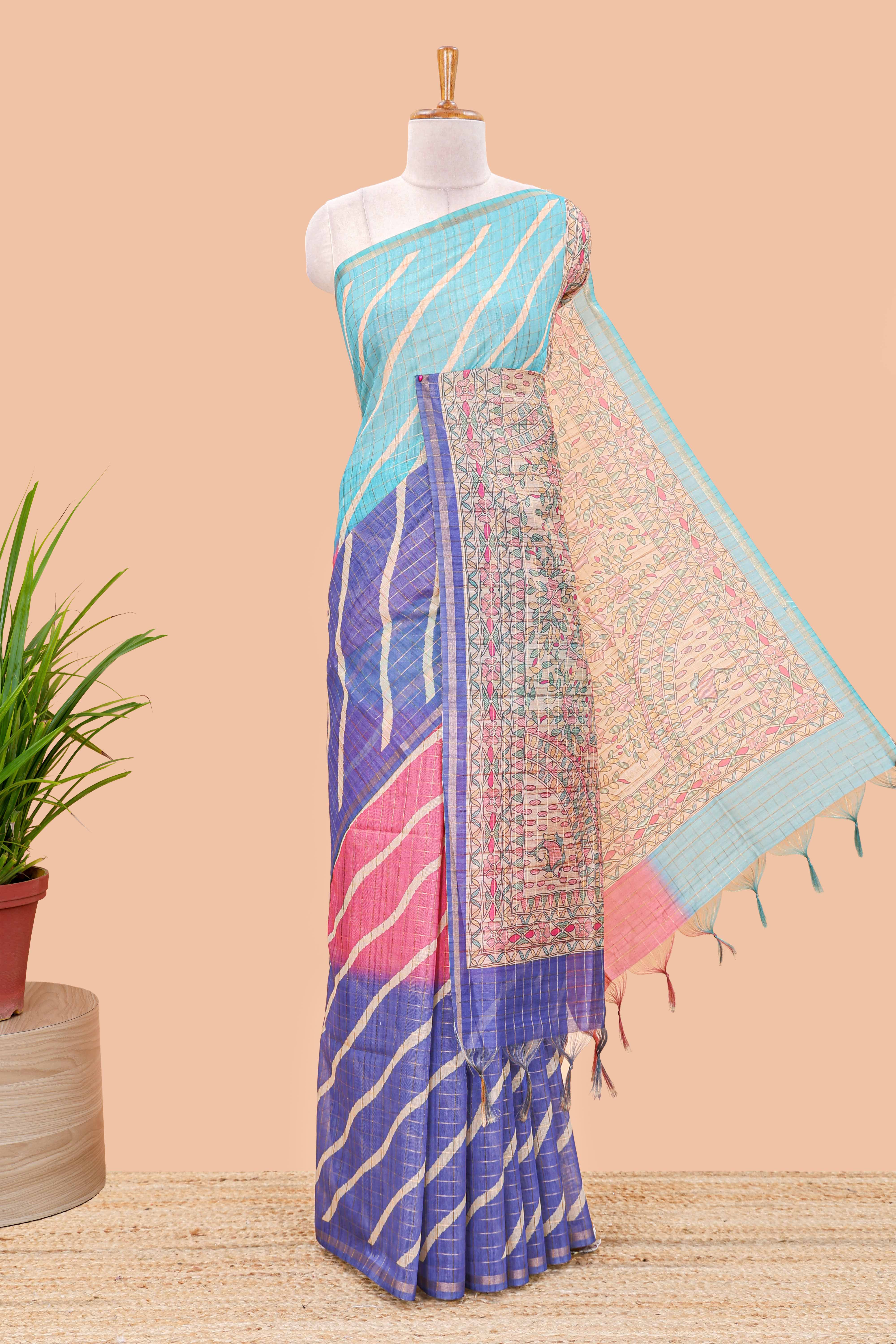 blue chanderi cotton leheriya print saree with madhubani pallu