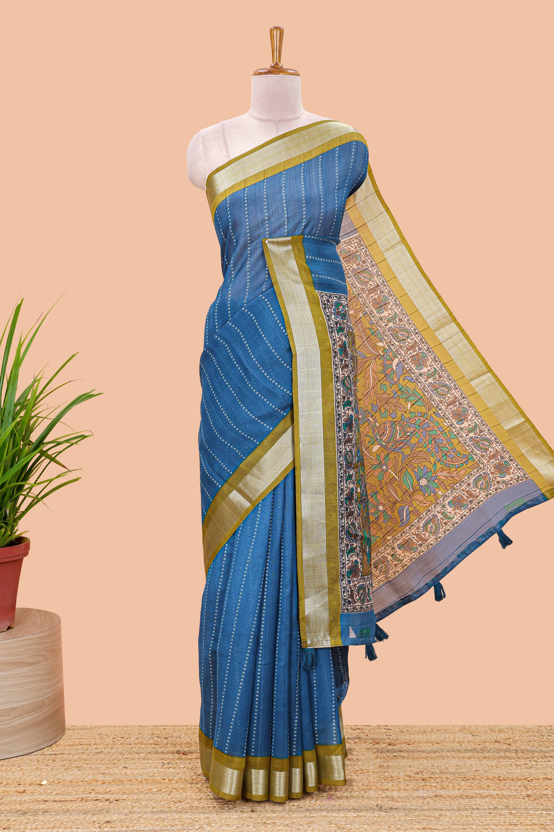  blue zari border linen cotton