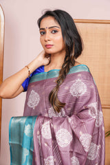 brown dola silk saree with blue border