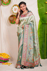 Pastel green floral and animal themed banarasi silk saree with contrast border matching blouse