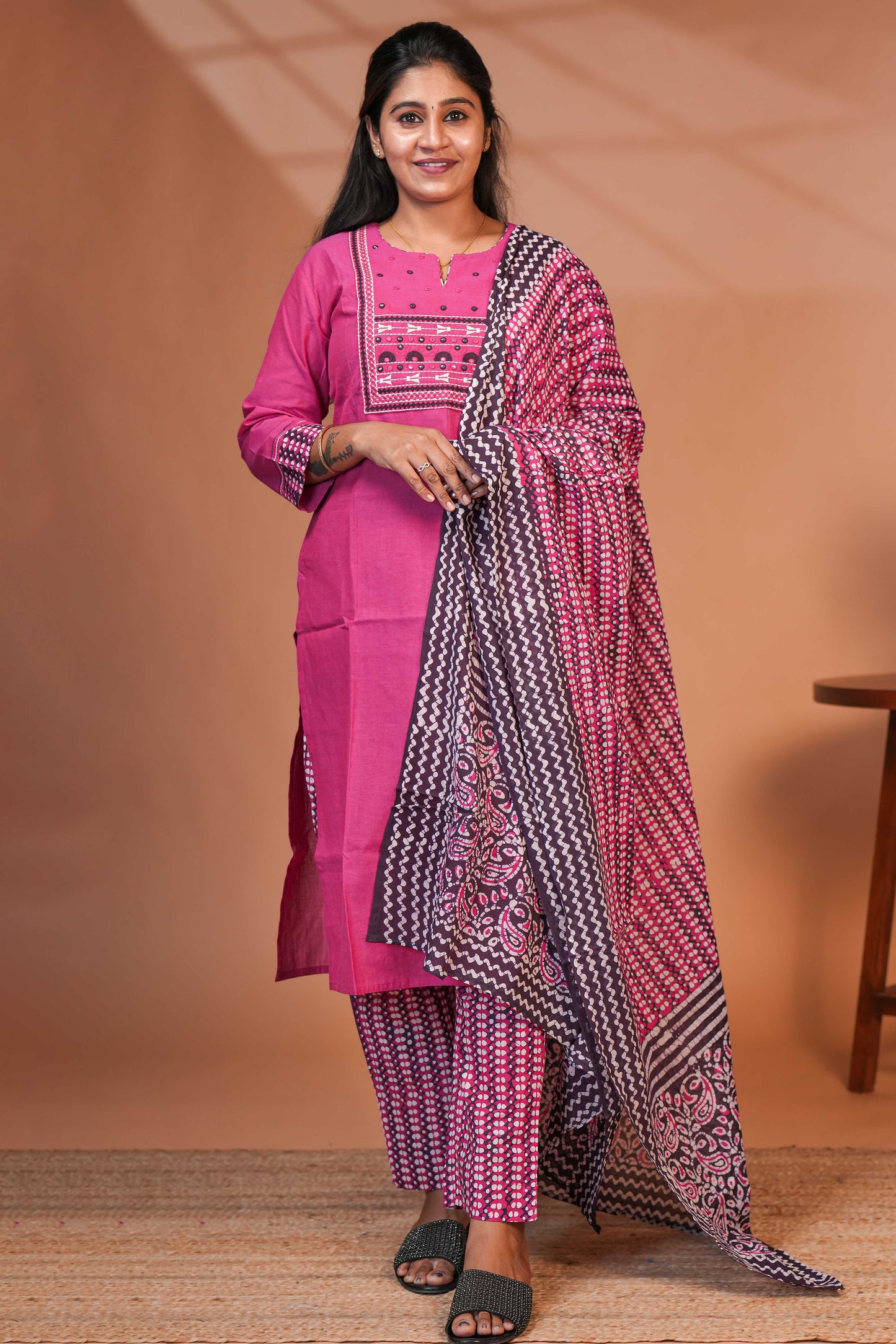 Pink embroidery mirror work design round neck salwar set with 3/4th sleeve, printed bottom and dupatta