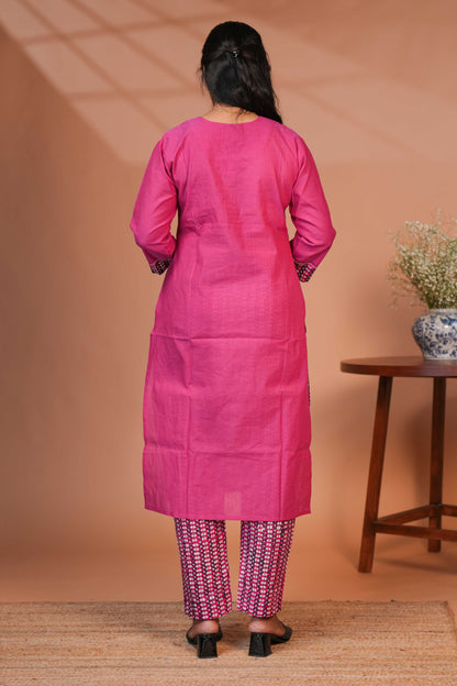 Pink embroidery mirror work design round neck salwar set with 3/4th sleeve, printed bottom and dupatta