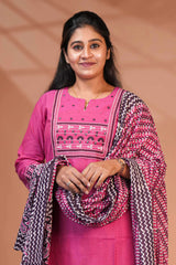 Pink embroidery mirror work design round neck salwar set with 3/4th sleeve, printed bottom and dupatta
