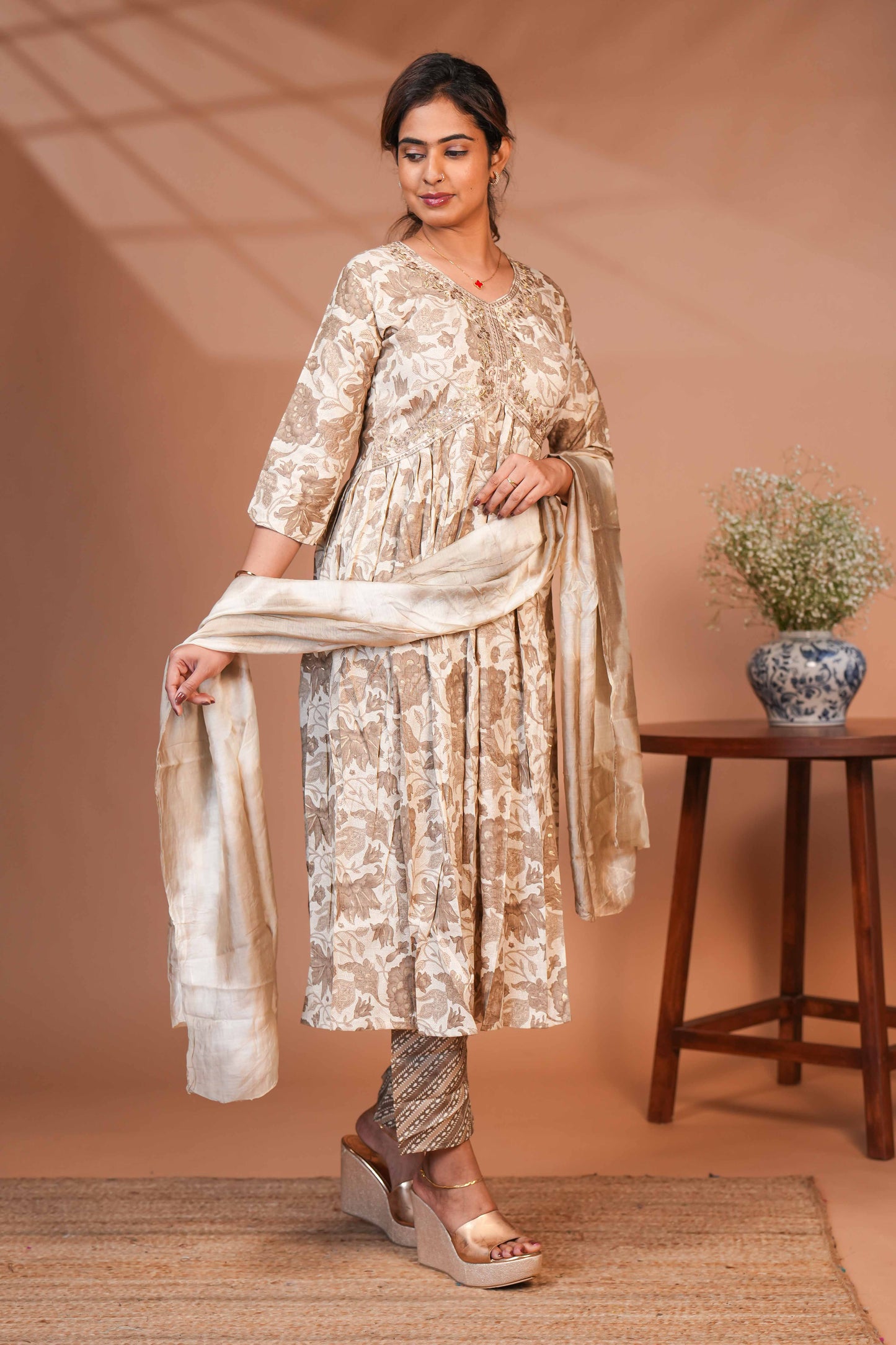 Sandal embroidery floral design anarkali with contrast bottom and matching dubatta