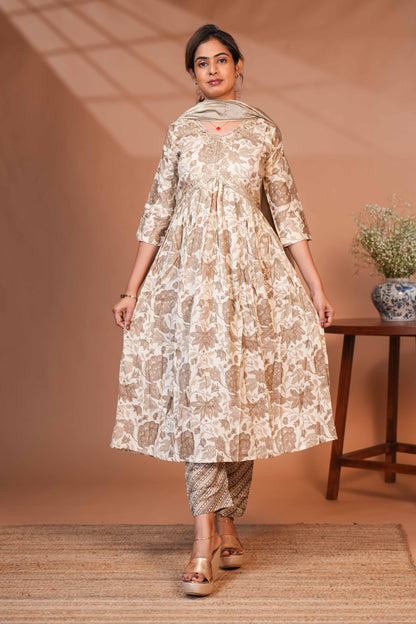 Sandal embroidery floral design anarkali with contrast bottom and matching dubatta