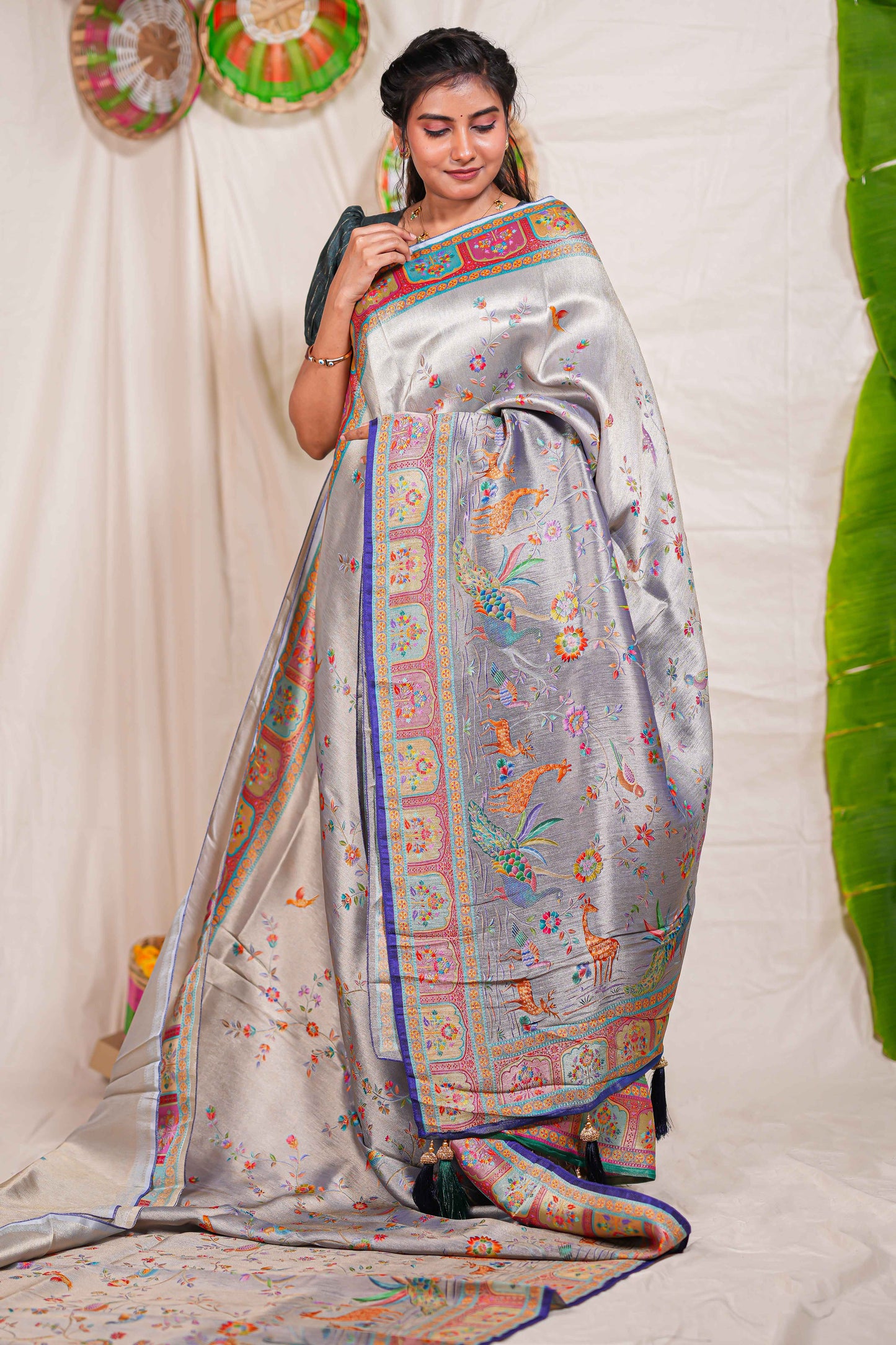Grey floral and animal themed banarasi silk saree with contrast border matching blouse
