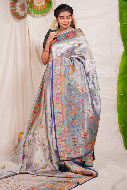Grey floral and animal themed banarasi silk saree with contrast border matching blouse