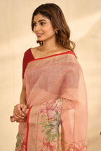 Peach Linen Sarees With Aari Work And Digital Printed