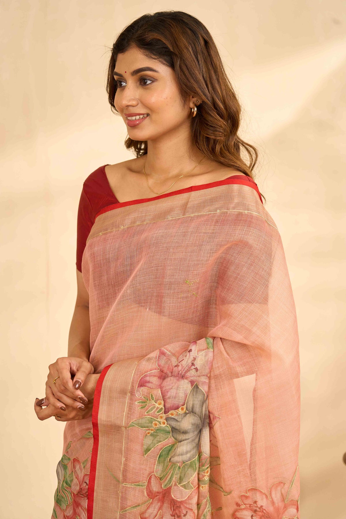 Peach Linen Sarees With Aari Work And Digital Printed