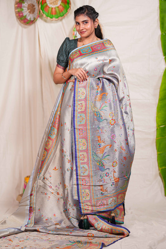 Grey floral and animal themed banarasi silk saree with contrast border matching blouse