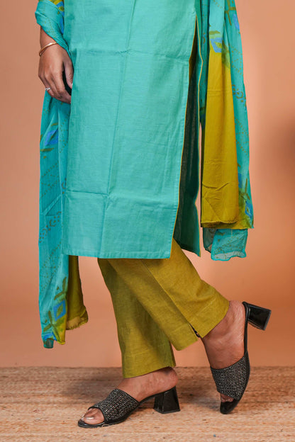 Green embroidery geometric design round neck salwar set with 3/4th sleeve, self bottom and matching dupatta