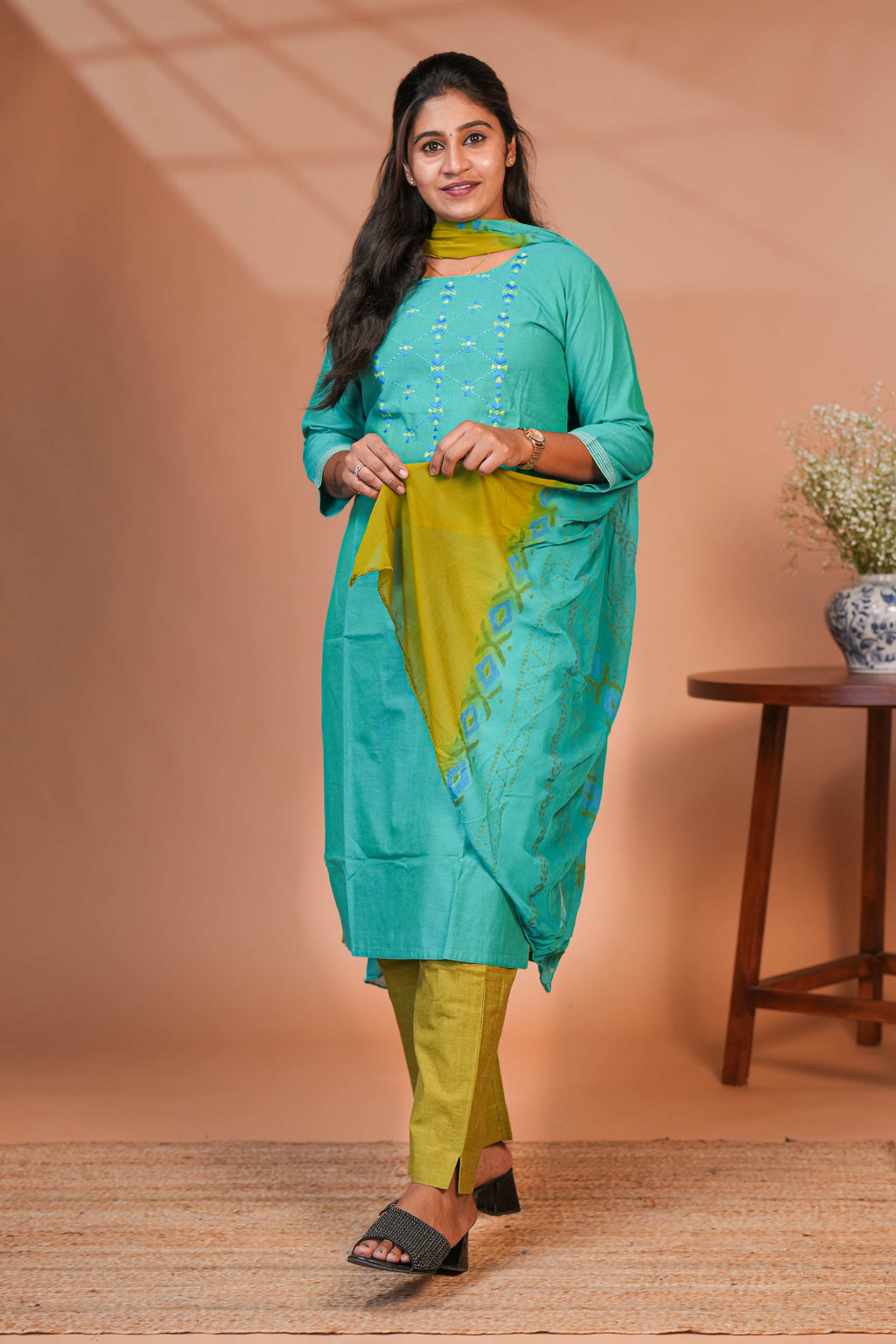 Green embroidery geometric design round neck salwar set with 3/4th sleeve, self bottom and matching dupatta