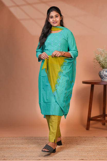 Green embroidery geometric design round neck salwar set with 3/4th sleeve, self bottom and matching dupatta