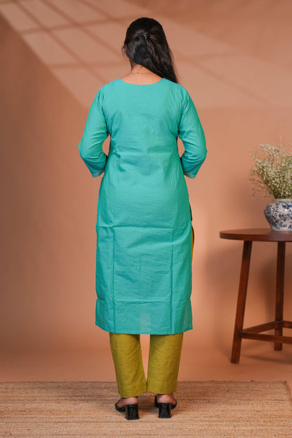 Green embroidery geometric design round neck salwar set with 3/4th sleeve, self bottom and matching dupatta