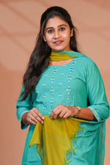 Green embroidery geometric design round neck salwar set with 3/4th sleeve, self bottom and matching dupatta