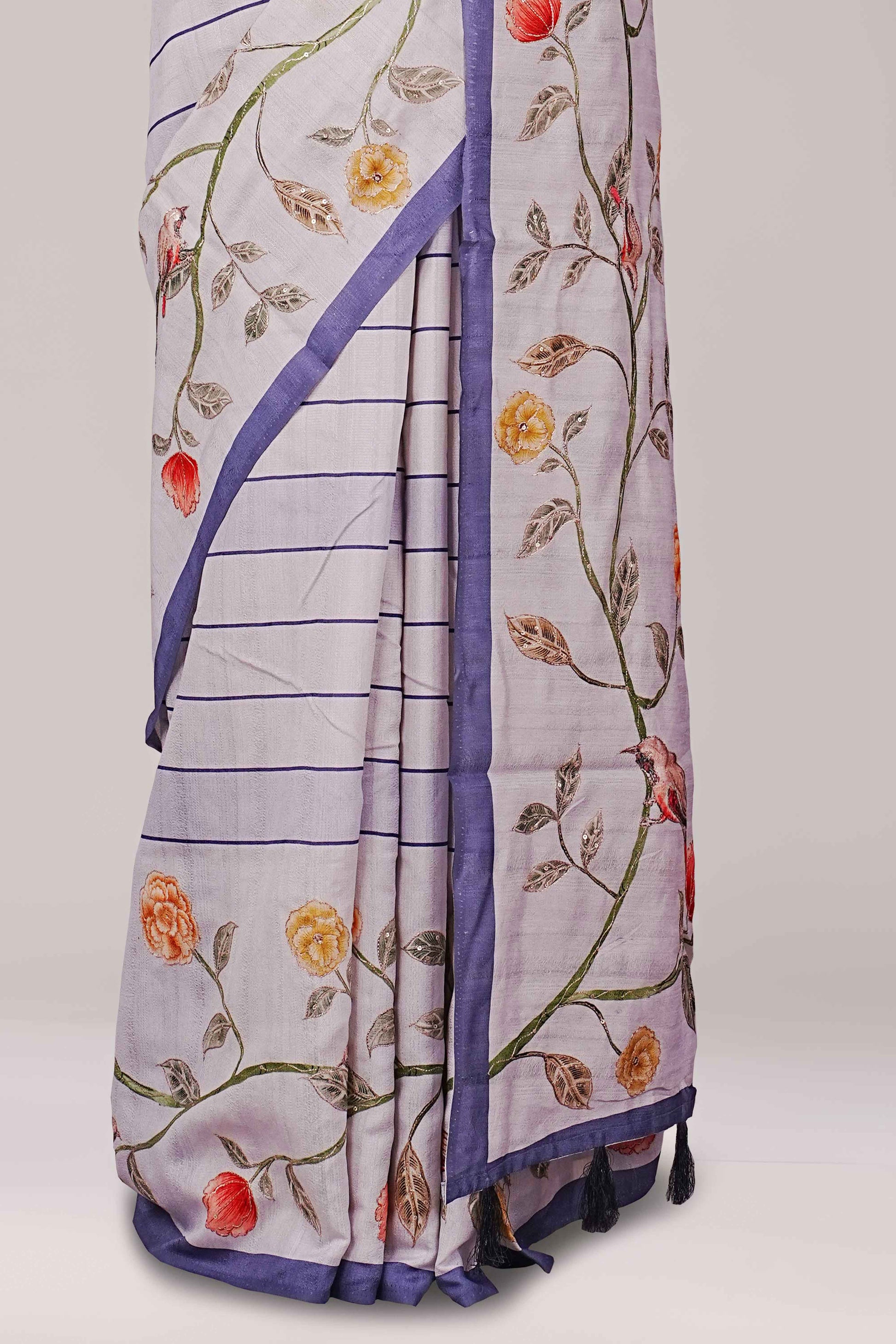 floral printed saree with blue border