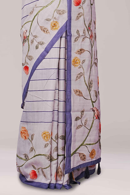 floral printed saree with blue border
