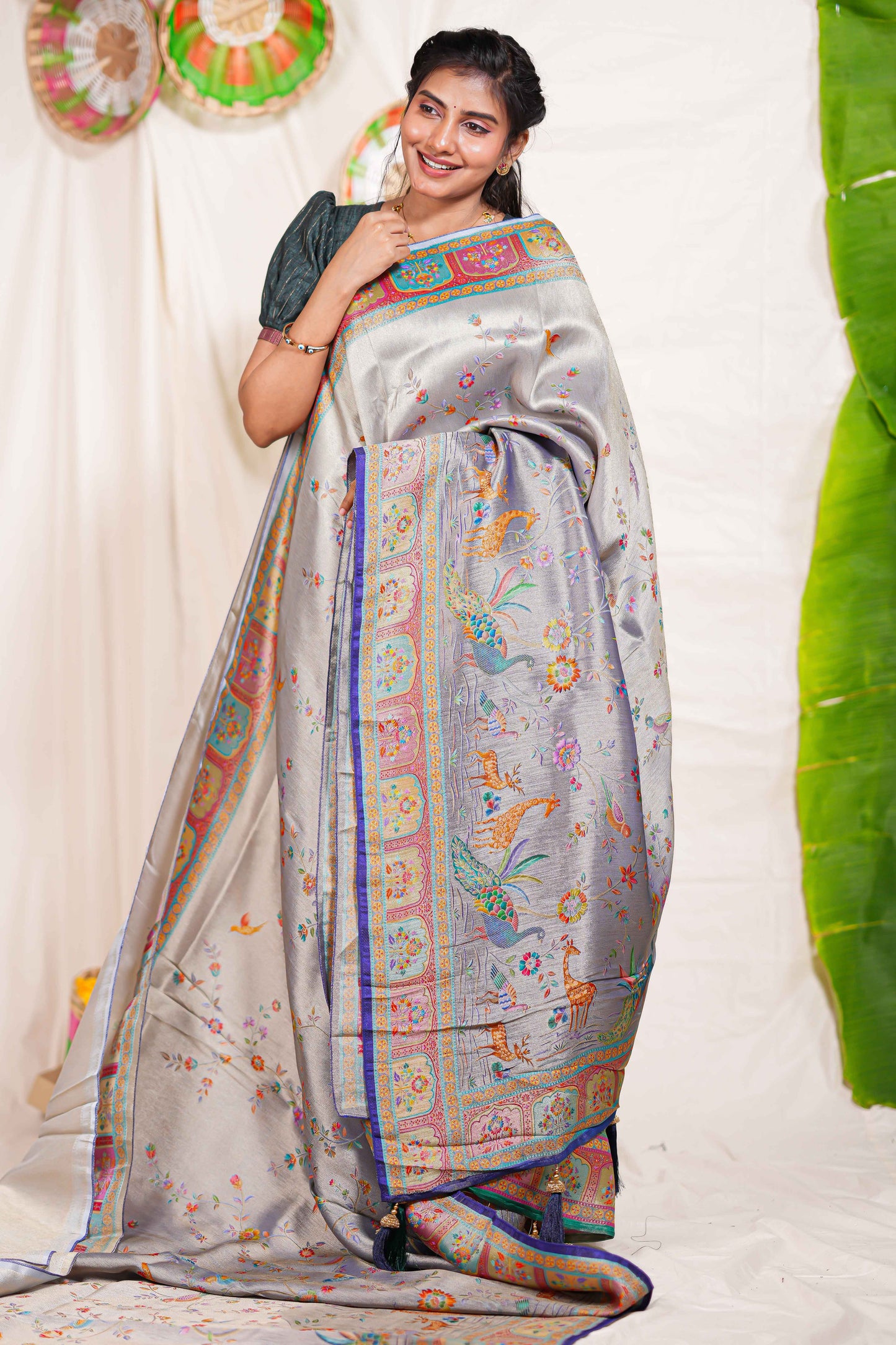 Grey floral and animal themed banarasi silk saree with contrast border matching blouse