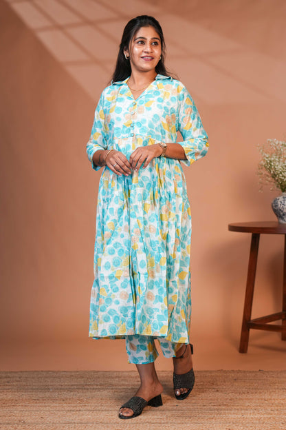 Blue floral printed A line anarkali 3/4th slevee with collar neck matching bottom