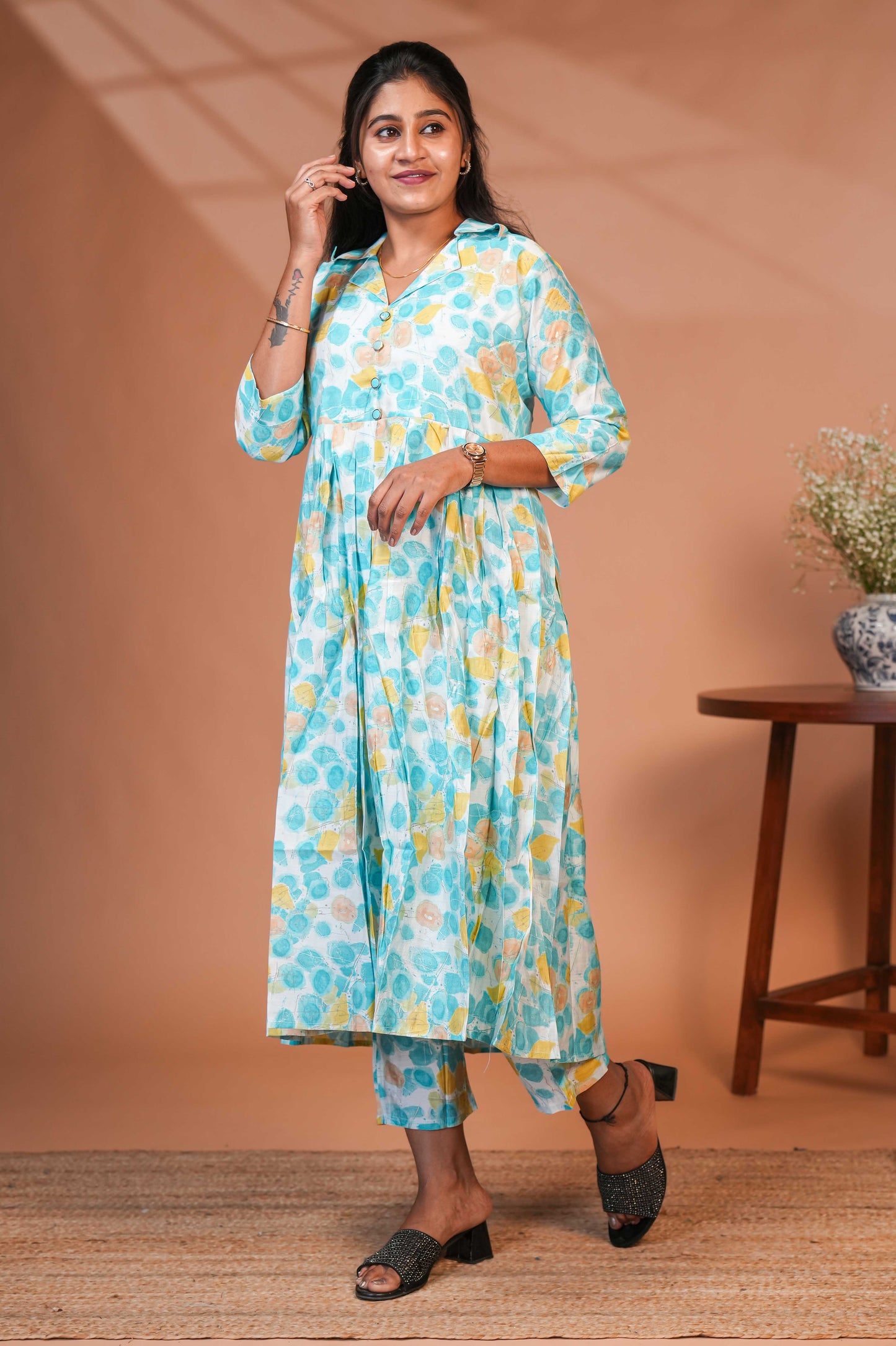 Blue floral printed A line anarkali 3/4th slevee with collar neck matching bottom