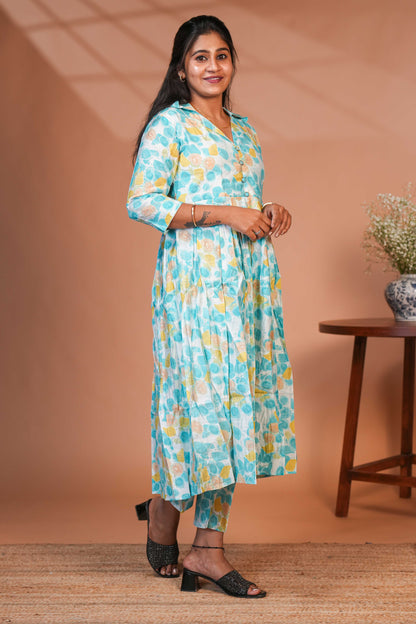 Blue floral printed A line anarkali 3/4th slevee with collar neck matching bottom