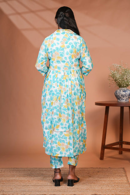 Blue floral printed A line anarkali 3/4th slevee with collar neck matching bottom