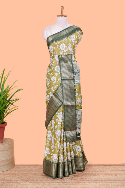 green Floral printed silk weave