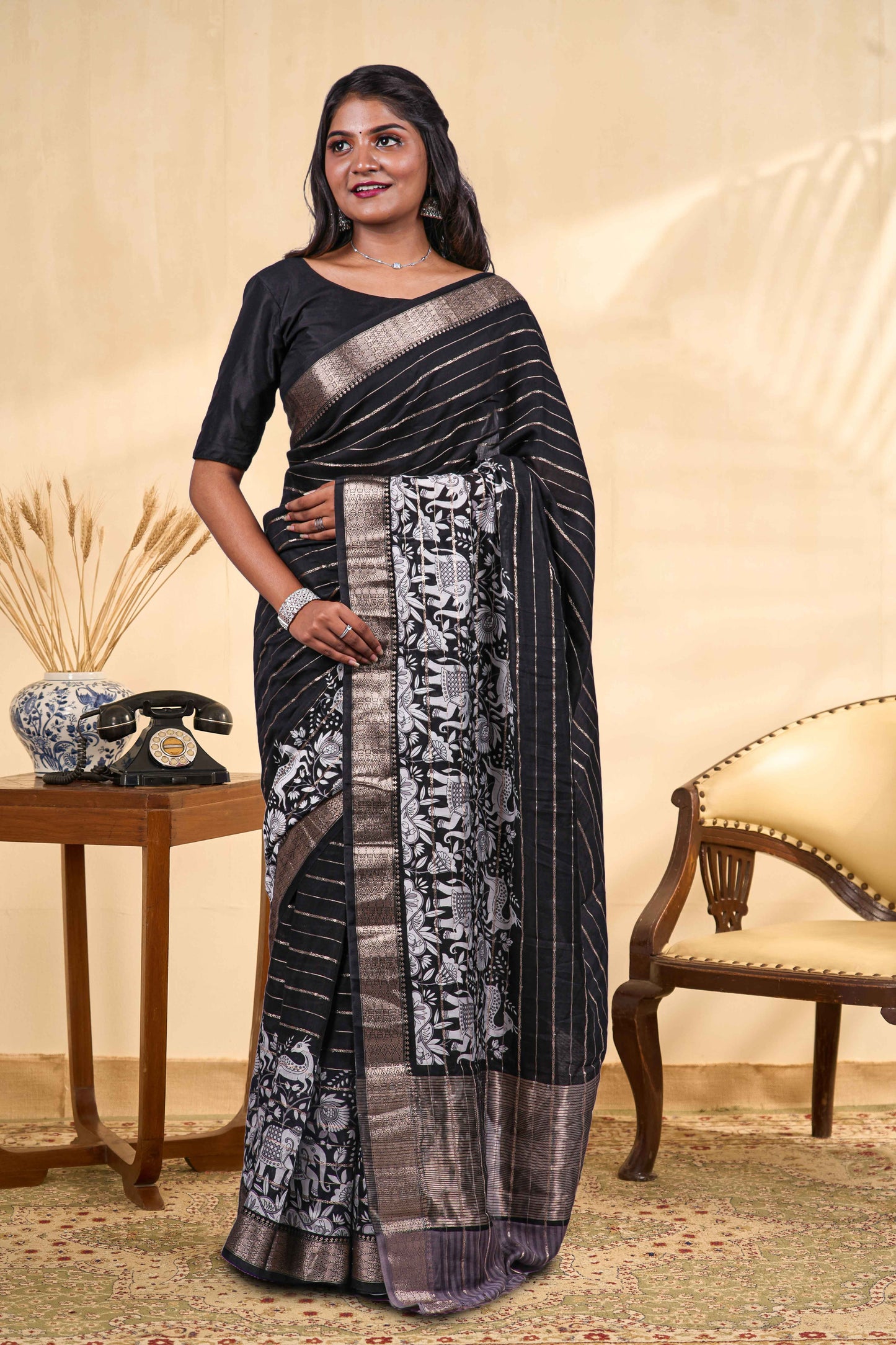  kalamkari saree with gold zari border