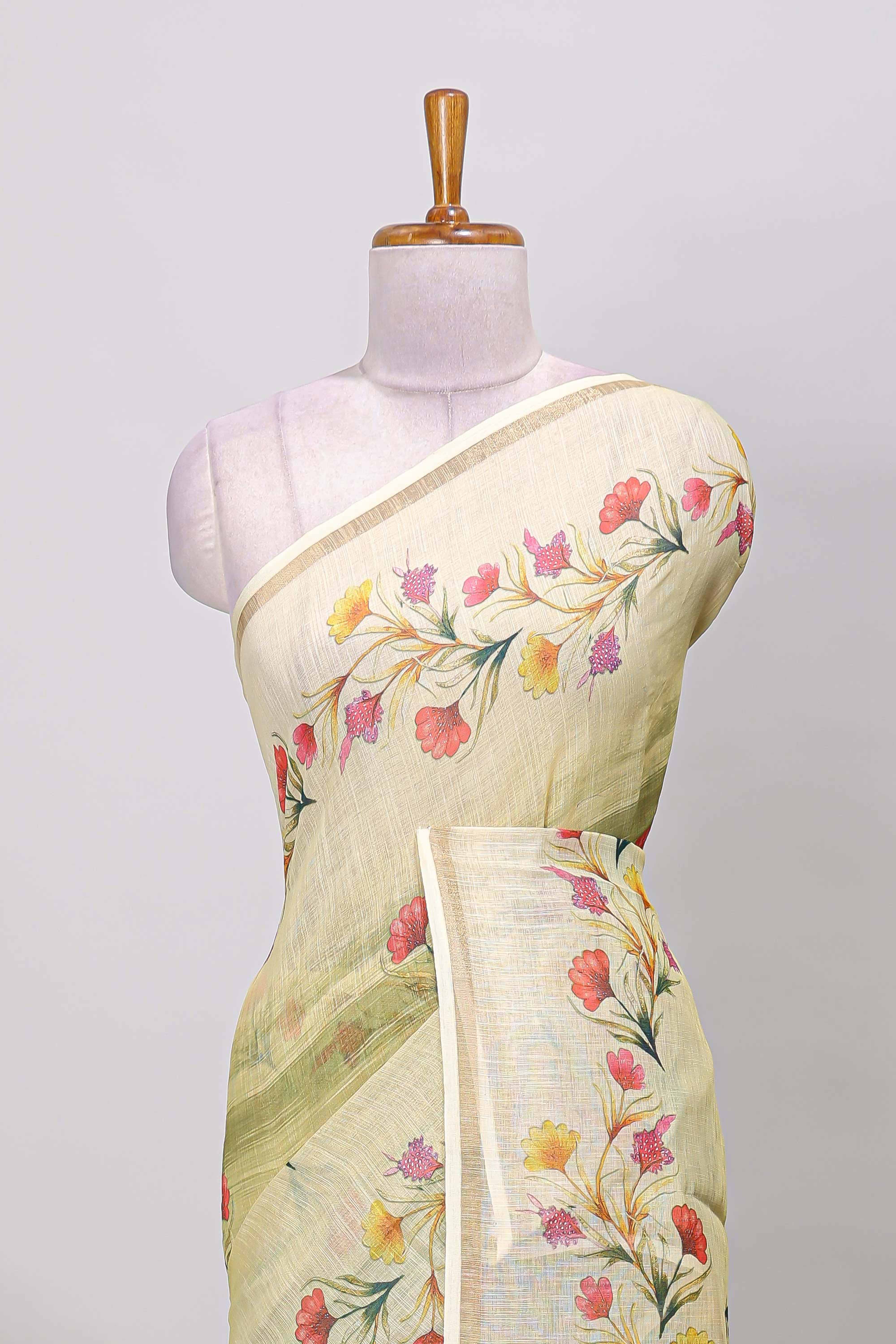  linen cotton floral print saree