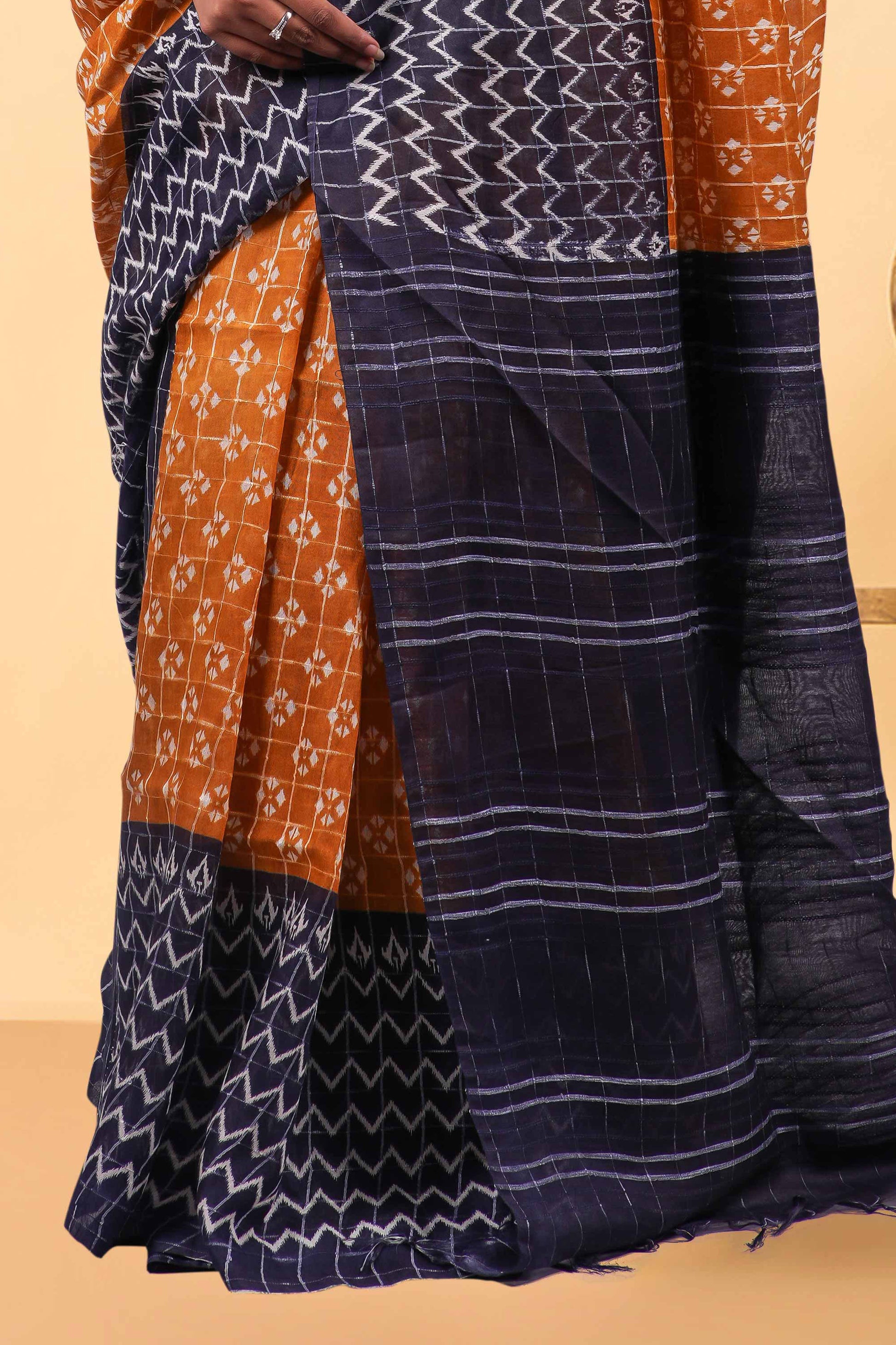  linen festive saree in orange and blue