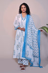 White floral motifs 3/4 slevee salwar suit with matching pant and printed dupatta