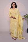Yellow floral design 3/4 slevee salwar suit with matching pant and floral printed dupatta