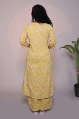 Yellow floral design 3/4 slevee salwar suit with matching pant and floral printed dupatta