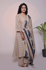 Light brown floral motifs 3/4 slevee salwar suit with matching pant and printed dupatta