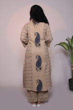 Light brown floral motifs 3/4 slevee salwar suit with matching pant and printed dupatta