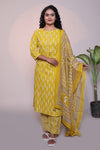 Yellow leaf motifs 3/4 slevee salwar suit with matching pant and printed dupatta