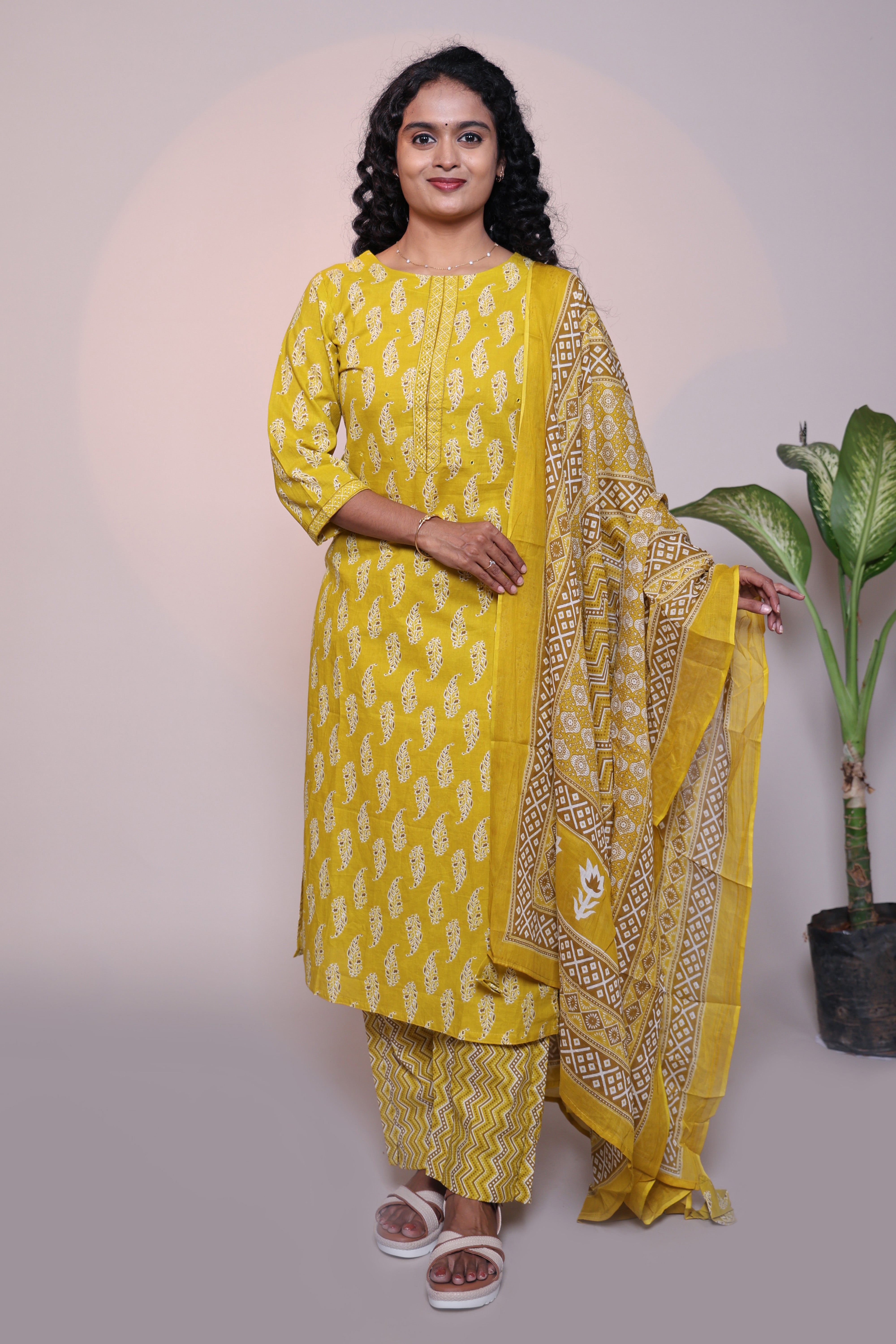 Yellow leaf motifs 3/4 slevee salwar suit with matching pant and printed dupatta
