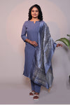 Grey plain 3/4 slevee salwar suit with matching pant and floral printed dupatta