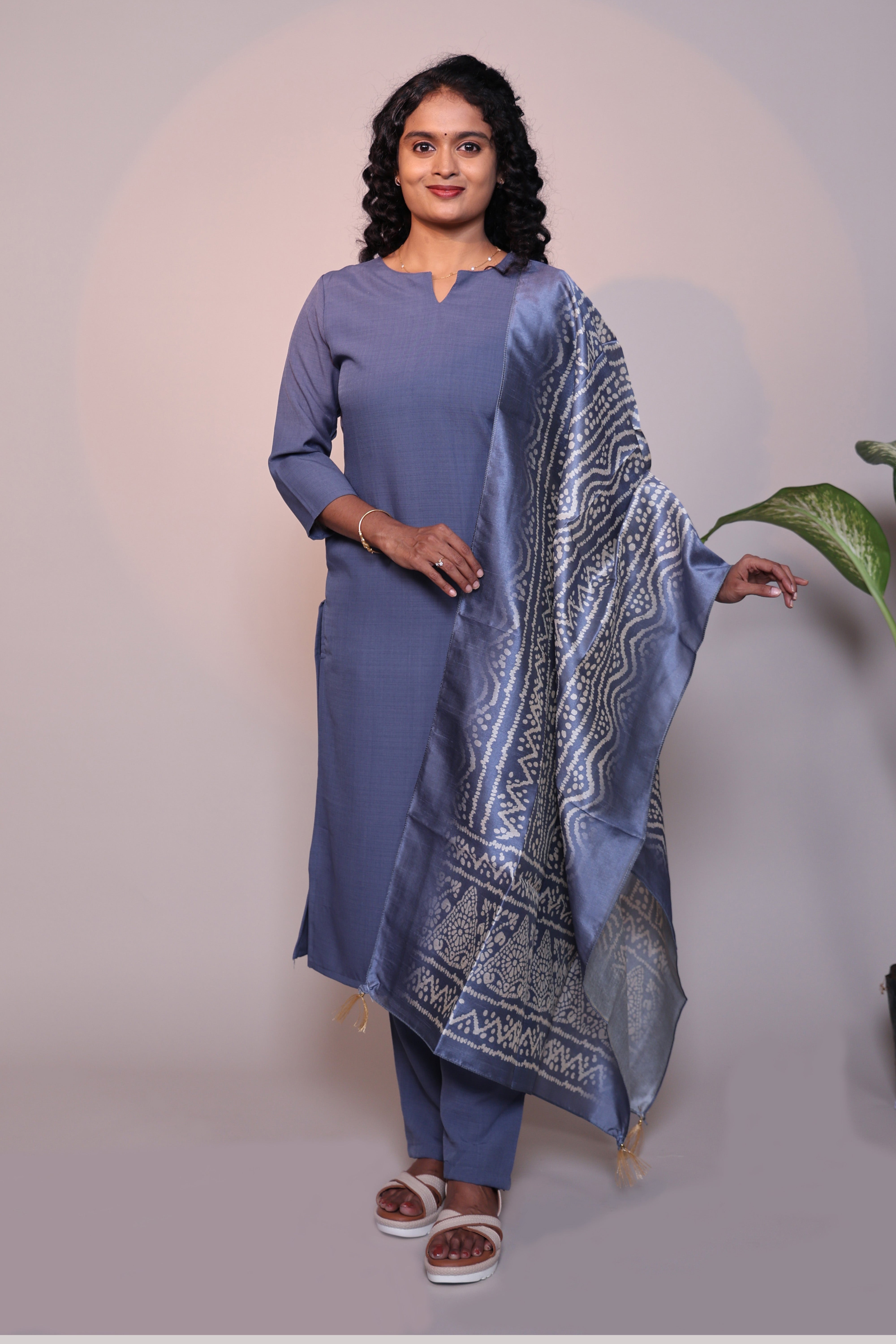 Grey plain 3/4 slevee salwar suit with matching pant and floral printed dupatta