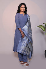 Grey plain 3/4 slevee salwar suit with matching pant and floral printed dupatta