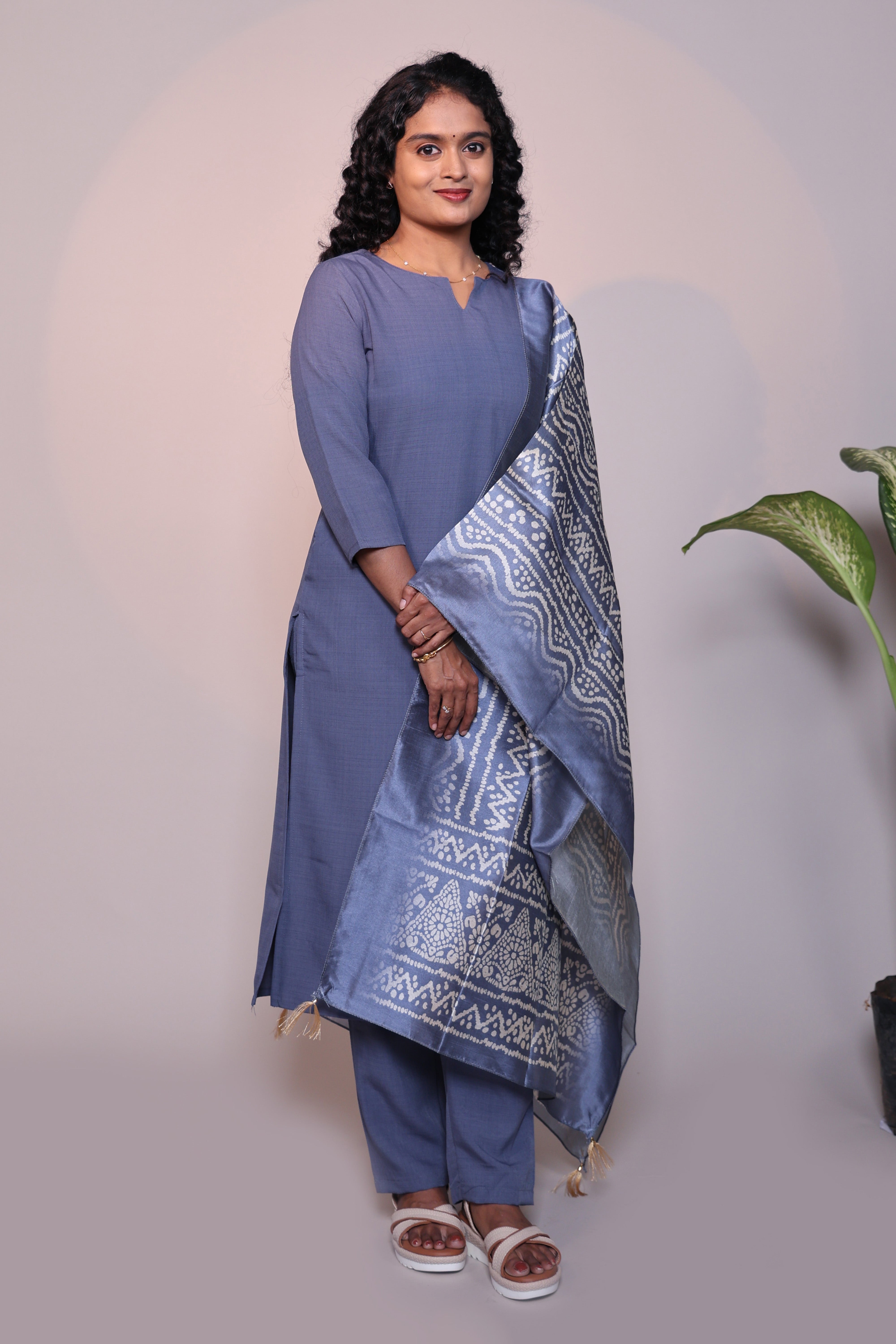Grey plain 3/4 slevee salwar suit with matching pant and floral printed dupatta