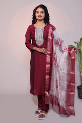 Maroon embroidery 3/4 slevee salwar suit with matching pant and floral printed dupatta