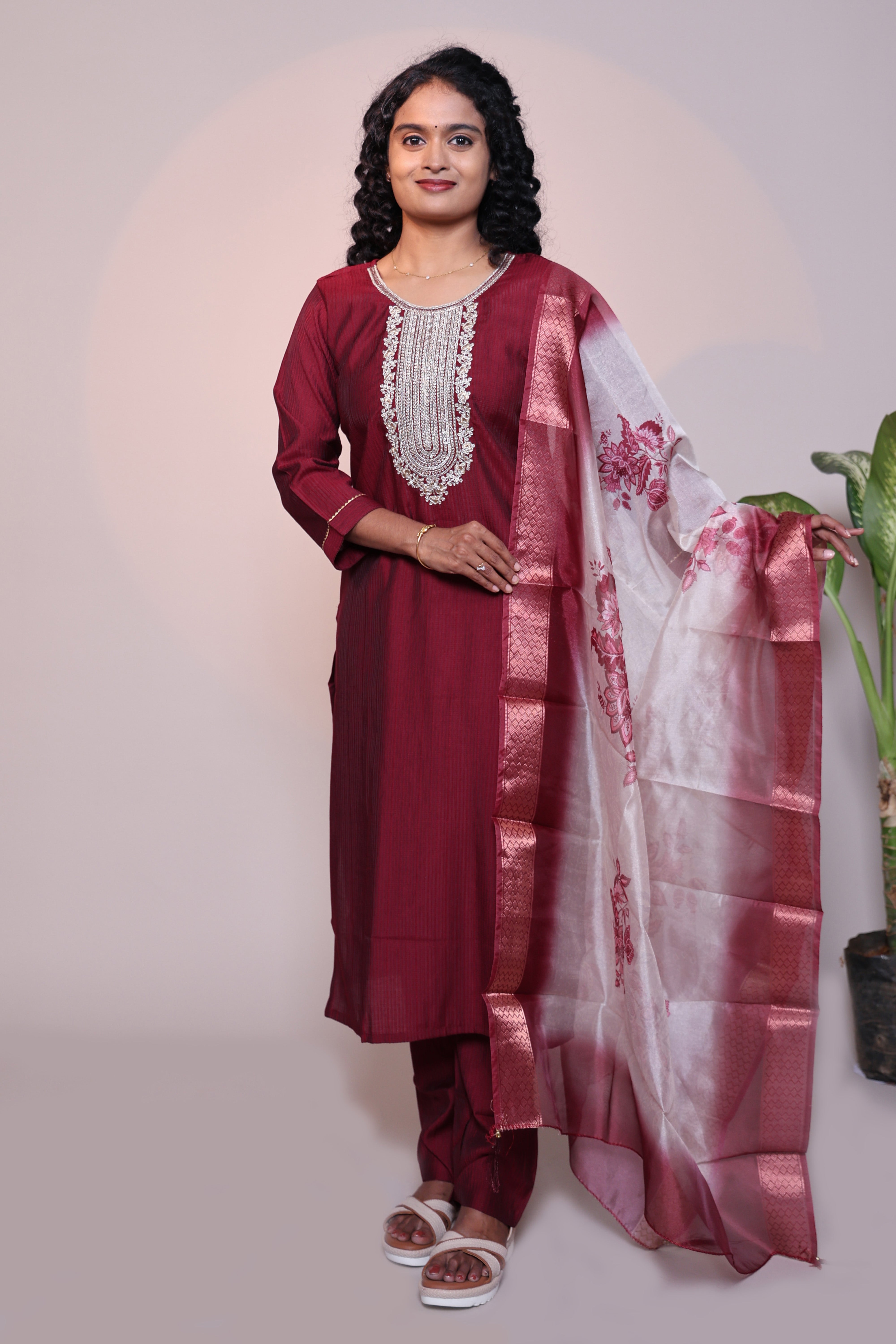 Maroon embroidery 3/4 slevee salwar suit with matching pant and floral printed dupatta