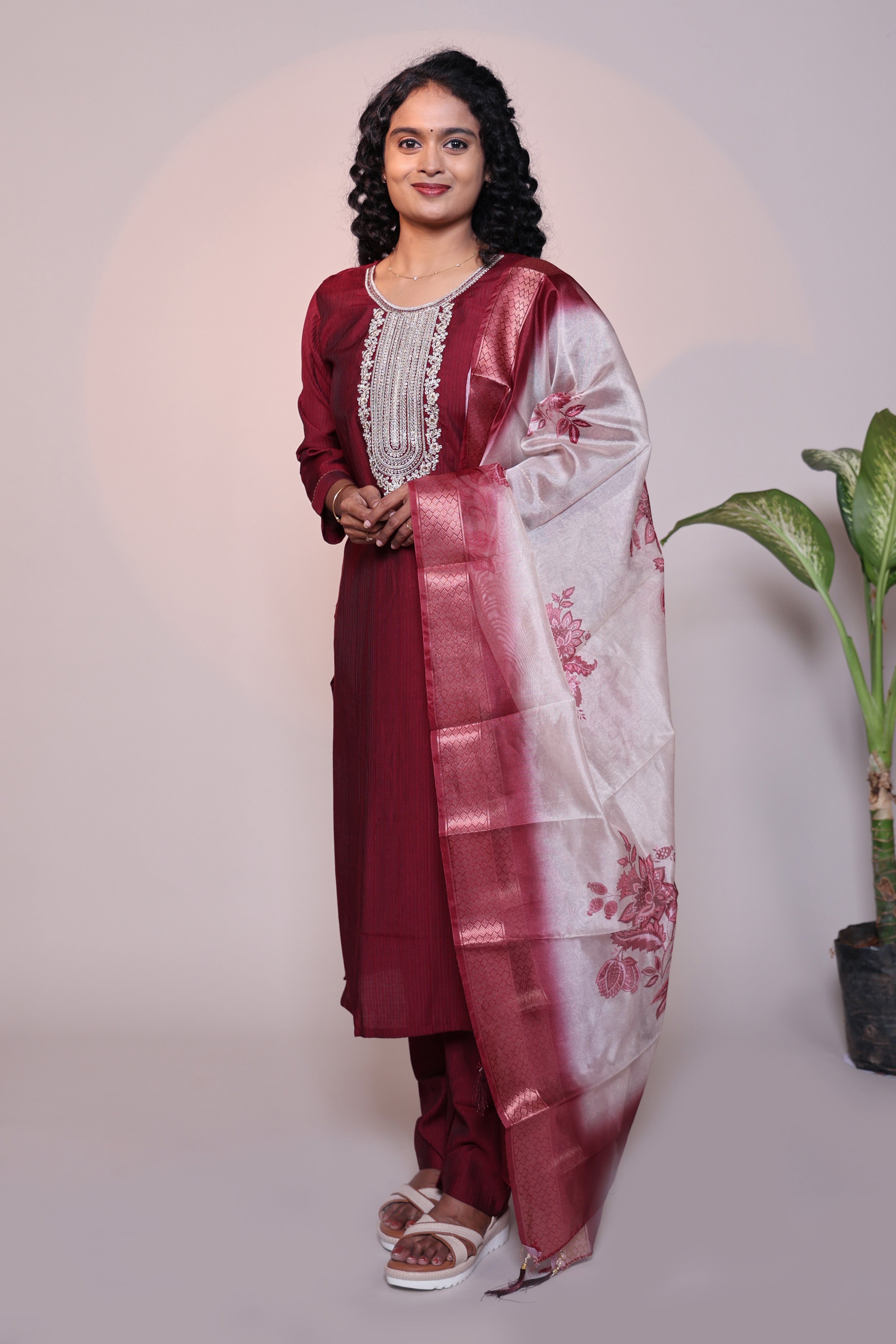 Maroon embroidery 3/4 slevee salwar suit with matching pant and floral printed dupatta
