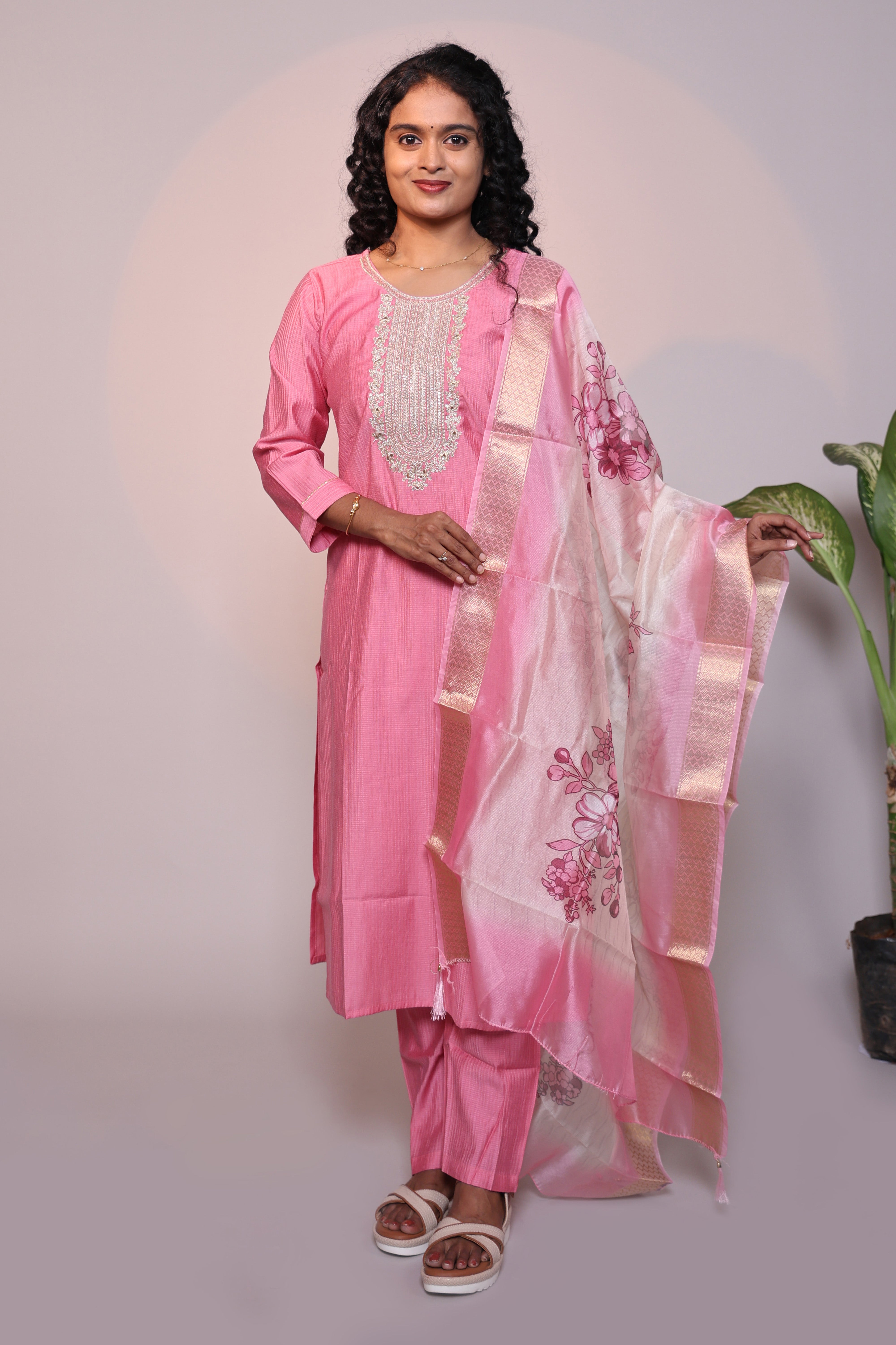 Pink embroidery 3/4 slevee salwar suit with matching pant and floral printed dupatta