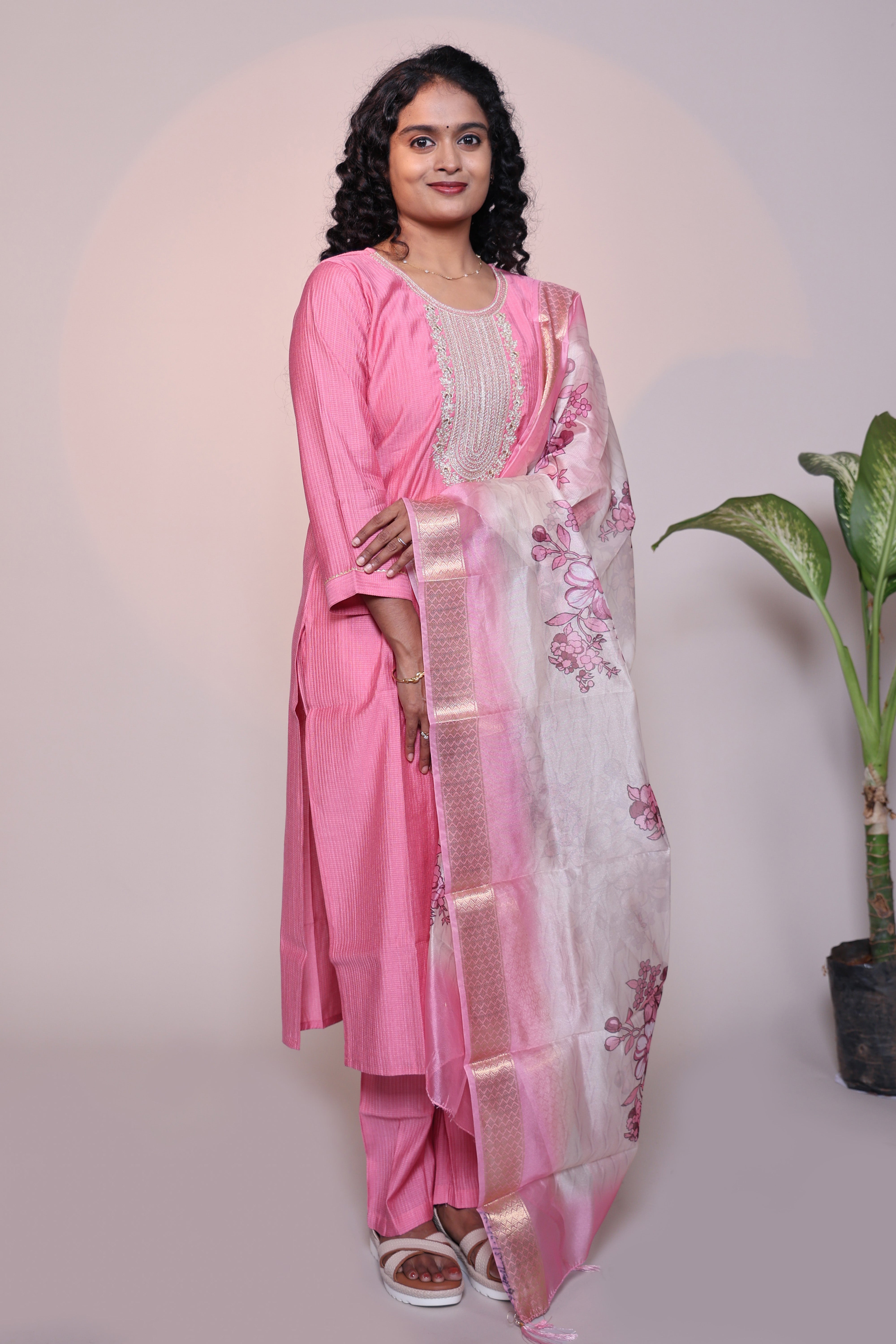Pink embroidery 3/4 slevee salwar suit with matching pant and floral printed dupatta