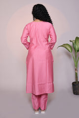 Pink embroidery 3/4 slevee salwar suit with matching pant and floral printed dupatta