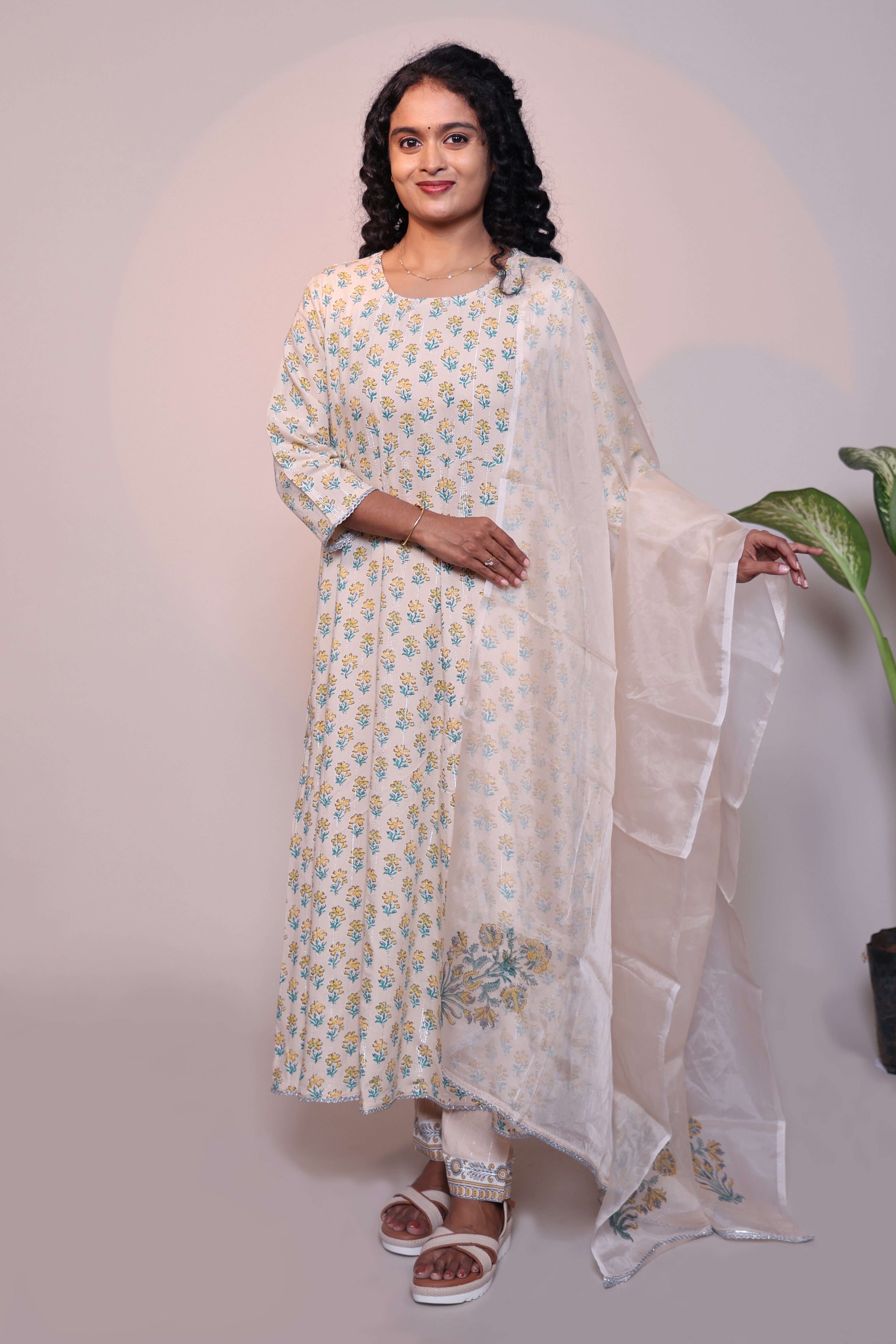 Off white floral motifs 3/4 slevee salwar suit with matching pant and printed dupatta